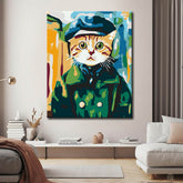 Painting by Numbers Cat in Uniform Green Coat Blue Hat
